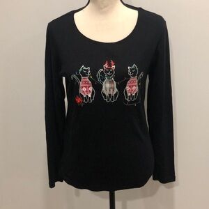 🎄Karen Scott  Womens Black Long Sleeve Christmas Holiday Shirt Cats Lights SZ S